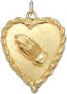 Praying Hands on Heart Disc, 14K Gold Charm