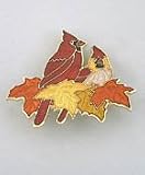 Hand enameled and gold plated fall cardinals and leaves brooch or pin