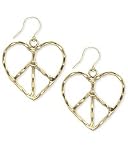 Gold Metal Hammered Peace Sign Heart Earrings
