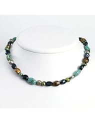 Sterling Silver Grey & Green Cultured Pearls/Turquoise Necklace - QH2679-16"