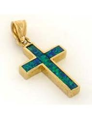 14k Yellow Gold Blue Green Opal Cross Pendant Charm