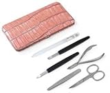 Deluxe INOX Stainless Steel 6 piece Manicure Set in Beautiful Pink Kroko Leather case, Solingen