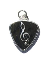 925 Sterling Silver Music Jewelry Guitar Pick with Clef design and black enamel Charm