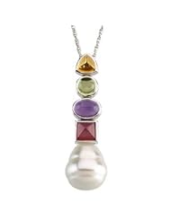 14K White Gold 12 mm/6 mm/6 mm/8X6 mm/6 mm South Sea Cultured Pearl, Genuine Citrine, Genuine Peridot, Genuine Amethyst And Genuine Rhodolite Garnet Pendant