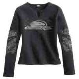 Harley Davidson Womens Screamn' Eagle Cobalt Long Sleeve Shirt, Black, Notched Scoop Neck, Racing Foil Graphics with Crystal Embellishment on Sleeves and on Front, Cotton/Lycra Blend, 98295-07VW