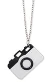 Large ZAD Black and White Retro Camera Charm Necklace on LONG Linked Silver Chain