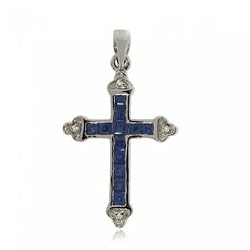 Sapphire & Diamond Cross Pendant Dangling in White Gold - Religious Jewelry