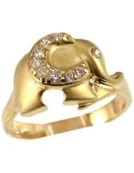 14k Yellow Gold, Small Size Playful Elephant Children Kids Ring with Brilliant Lab Created Gems