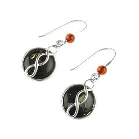Round Green Amber & Sterling Silver Infinity Dangle Earrings