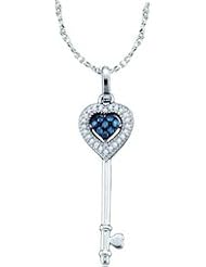10k White Gold Blue Colored & Natural Diamond Heart Cluster Love Anniversary Womens Ladies Teens Key Fashion Pendant with 18" Chain - .10 (1/10) Ct.t.w.