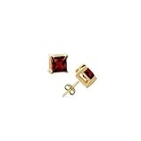 10K Yellow Gold Natural Red Garnet Gemstone Four Prong Stud Earring - Princess Cut Shape 3mm