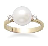 8.5-9mm Cultured Freshwater Pearl and Diamond 14K Yellow Gold Ring with Wood Box