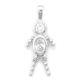 Rhodium Plated Sterling Silver Clear April Crystal Birthstone Boy Pendant, 1.25 (incl bail)