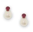 Red Ruby & White Pearl Stud Earrings in Solid Yellow Gold