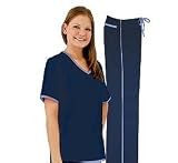 Women's Scrub Set - Contrast Trim Top & Pant (Navy with Ceil Trim, M) [Apparel]