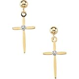 14K Yellow Gold Cross & Ball Diamond Dangle Earring
