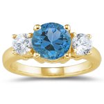 0.20 Cts Diamond & 0.52 Cts Swiss Blue Topaz Three Stone Ring in 14K Yellow Gold