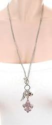 Improving Lifestyles Long Fashion Necklace with Fleur De Lis Crystal Pink Pendant and Multiple Charms and Toggle Closure