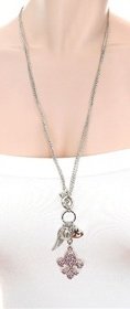 Improving Lifestyles Long Fashion Necklace with Fleur De Lis Crystal Pink Pendant and Multiple Charms and Toggle Closure