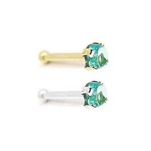 14K Gold Nose Bone with Genuine 2mm Round Cabochon Aquamarine, 20 Ga by 