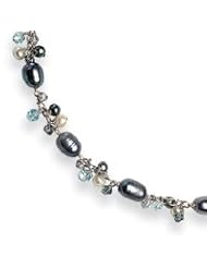 Sterling Silver Blue Crystals/Peacock & White Cultured Pearl Necklace - 16 Inch