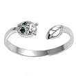Sterling Silver Fashion Toe Ring - Bug and Leaf with Clear and Emerald CZs - 2mm Band Width