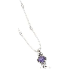 Sterling Silver 16 In LS Bead Necklace Beaded Edge Diamond Charoite Stone by 