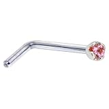 Solid 18KT White Gold 1.5mm Genuine Pink Sapphire L-Shaped Nose Ring - 20 Gauge