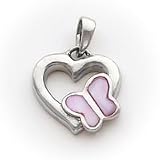 Sterling Silver Heart with Pink Shell Butterfly Pendant with 20 inch Sterling Silver Chain