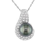 14K White Gold 1/4 ctw Diamond and Black Tahitian Pearl Swirl Pendant