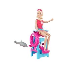 Barbie dolls -Barbie Lifeguard 27084944150 (Barbie is keeping a close eye on swimmers to make sure they don't get into any trouble. Just press the lever and Barbie will jump out of her chair to dive in and save someone! The box from MATTEL includes a code to access bonus online content.)