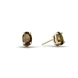 14K Yellow Gold Genuine Oval Smoky Quartz Stud Earrings