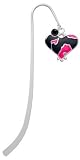 Hot Pink Enamel Large Cheetah Print Heart Silver Plated Charm Bookmark with Jet Black Swarovski Drop