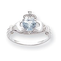 14k White Gold CZ March Birthstone Claddagh Heart Ring by JewelryWeb