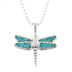 Southwestern Dragonfly Pendant in Sterling Silver with Turquoise Chip Inlay on an 18" Ball Chain, #7898