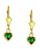 14k Yellow 5 mm Heart Emerald-Green CZ Drop Earrings