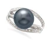 14K White Gold Ring Featuring an 11mm Cultured Tahitian Pearl and 30 Diamonds
