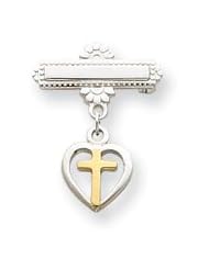 Sterling Silver Dangling Heart w/Vermeil Cross Pin
