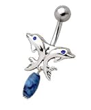 Dolphin Pair Belly Ring with Blue Bead