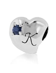 Sterling Silver Alphabet K Pandora Style Charm with 2 Pieces 3mm Dark Blue Natural Sapphire Gemstones on Both Sides , Fits Pandora and All Brands Charm Bracelets and Necklaces.