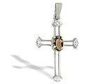 14K White Gold Genuine Oval Smoky Quartz and Diamond Cross Pendant