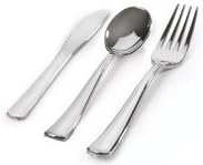 Silver Plastic Cutlery 300-PIECE Combo Pack, Glimmerware, Includes 100 Forks, 100 Knives, 100 Spoons w/Signature Party Picks