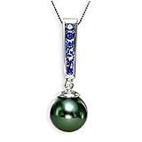 14k Gold Tahitian Pearl, Sapphire and Diamond Pendant with Chain