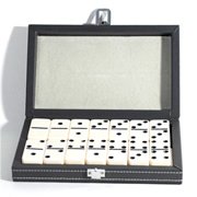 Childrens Toyshop  Toys : DOUBLE 6 Dominoes Ivory tiles with black dots, charcoal grey leatterette case.