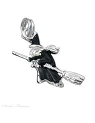 Sterling Silver 3D Enamel Witch Dressed In Black On Broom Charm