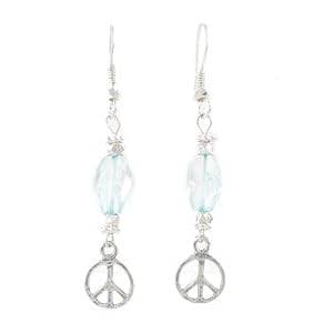 Open Design Peace Symbol Dangle Earrings in Sterling Silver with Aquamarine Beads, #8178