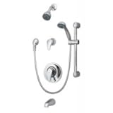 Symmons Allura Pressure balancing mixing valve with lever handle, combination intgeral diverter/volume control, tub spout, and single mode wall hand shower and shower head S-47-06-H321-V