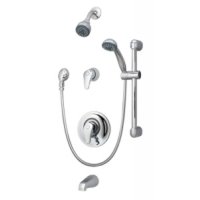 Symmons Allura Pressure balancing mixing valve with lever handle, combination intgeral diverter/volume control, tub spout, and single mode wall hand shower and shower head S-47-06-H321-V