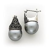 Sterling Silver Marcasite and Simulated Pearl Hoop Earrings