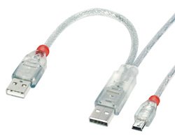 LINDY USB Cable - Dual Power, 2 x Type A to mini B, USB 2.0, 1m